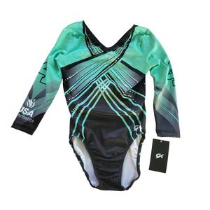 New GK Elite Team USA Gymnastics Leotard Teal Black Long Sleeve Small USA Made